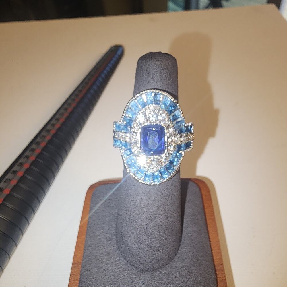 TURKISH EUC STYLE PEACOCK BLUE & WHITE  GEMSTONES CUBIC ZIRCONIA RING